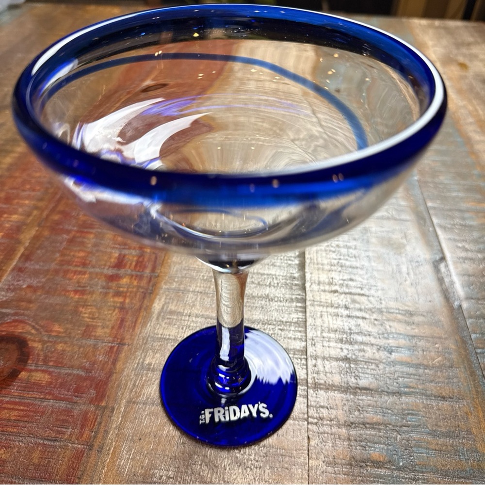 Margarita Glass TGI Friday's Vintage Hand Blown Cobalt Blue Rim, Swirl & Base